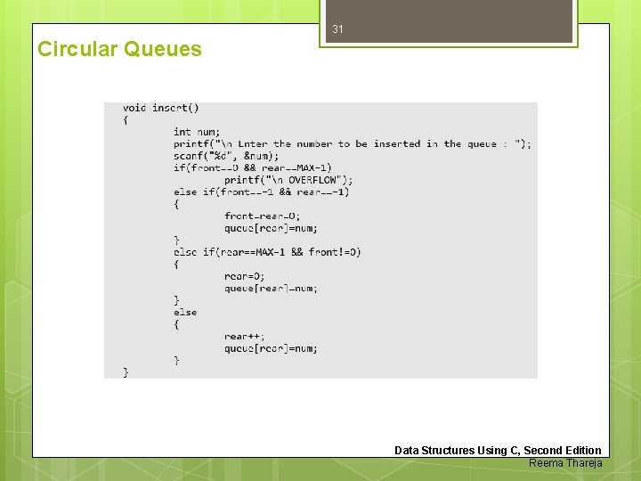 31 Circular Queues Data Structures Using C, Second Edition Reema Thareja 