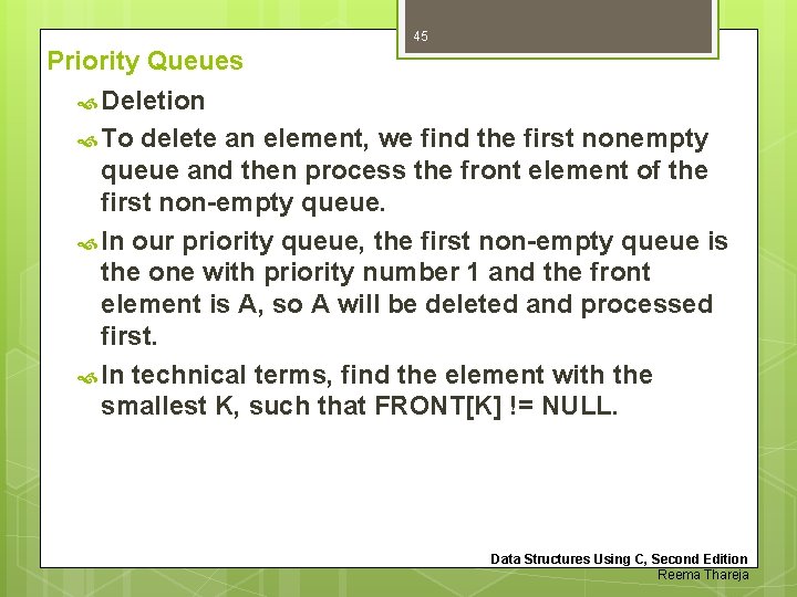 45 Priority Queues Deletion To delete an element, we find the first nonempty queue