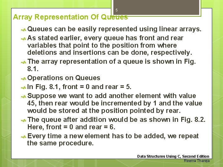 5 Array Representation Of Queues can be easily represented using linear arrays. As stated