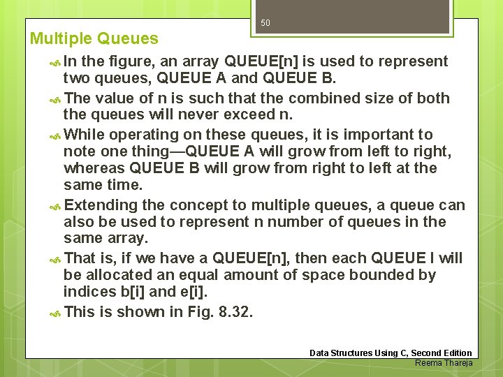 50 Multiple Queues In the figure, an array QUEUE[n] is used to represent two