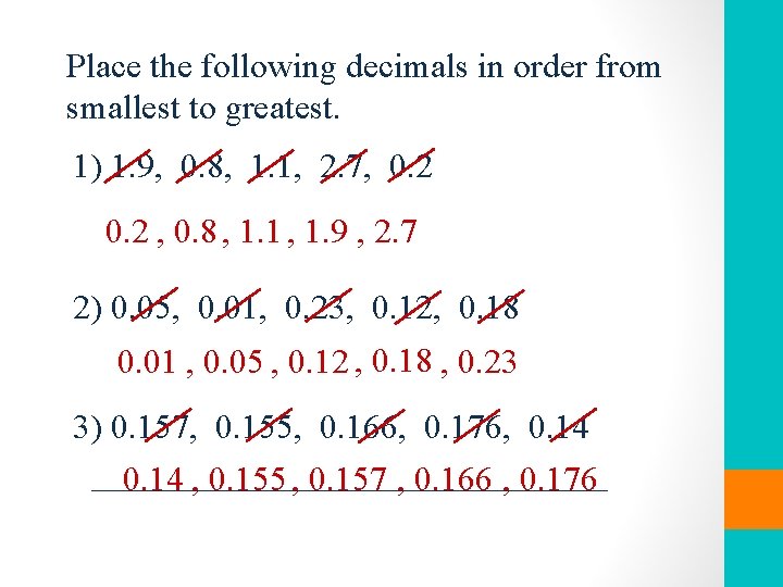 Place the following decimals in order from smallest to greatest. 1) 1. 9, 0.
