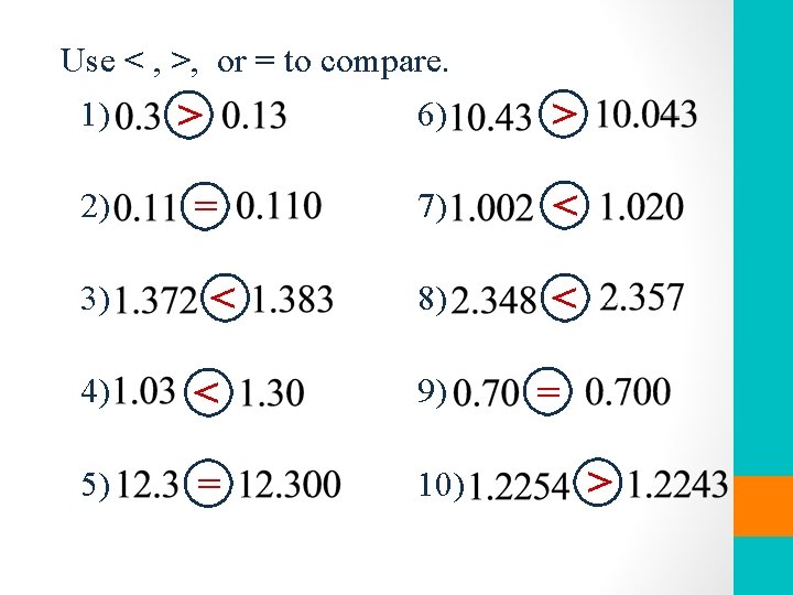 Use < , >, or = to compare. 1) 2) 3) > = <