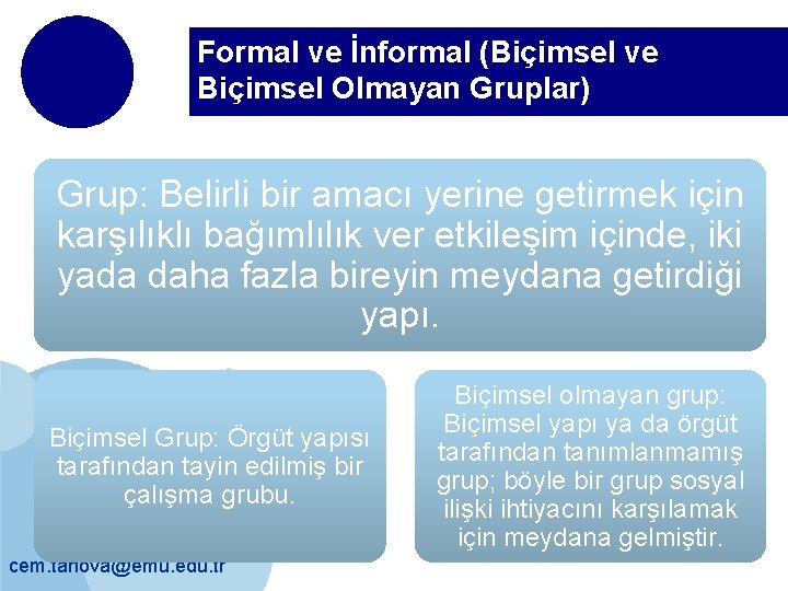 Formal ve İnformal (Biçimsel ve Biçimsel Olmayan Gruplar) Grup: Belirli bir amacı yerine getirmek