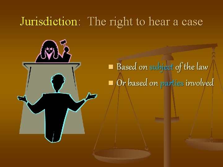Jurisdiction: The right to hear a case Based on subject of the law n