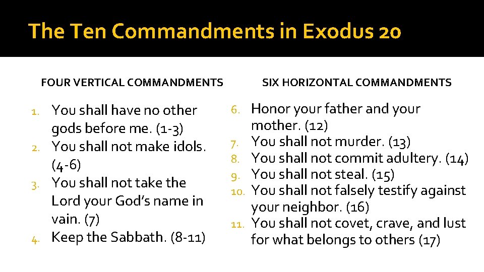The Ten Commandments in Exodus 20 FOUR VERTICAL COMMANDMENTS You shall have no other