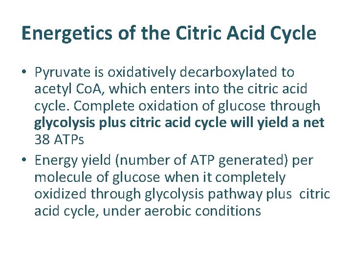 Energetics of the Citric Acid Cycle • Pyruvate is oxidatively decarboxylated to acetyl Co.