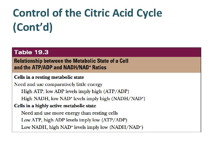 Control of the Citric Acid Cycle (Cont’d) 