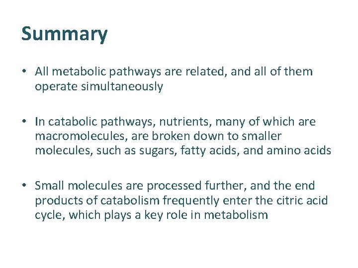 Summary • All metabolic pathways are related, and all of them operate simultaneously •