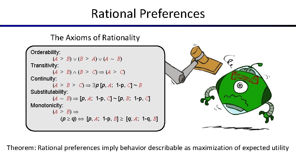 Rational Preferences The Axioms of Rationality Orderability: (A > B) (B > A) (A