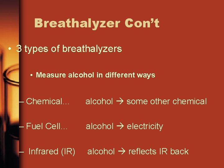 Breathalyzer Con’t • 3 types of breathalyzers • Measure alcohol in different ways –