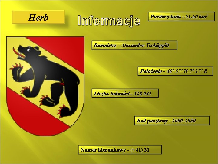 Herb Informacje Powierzchnia - 51, 60 km 2 Burmistrz - Alexander Tschäppät Położenie -