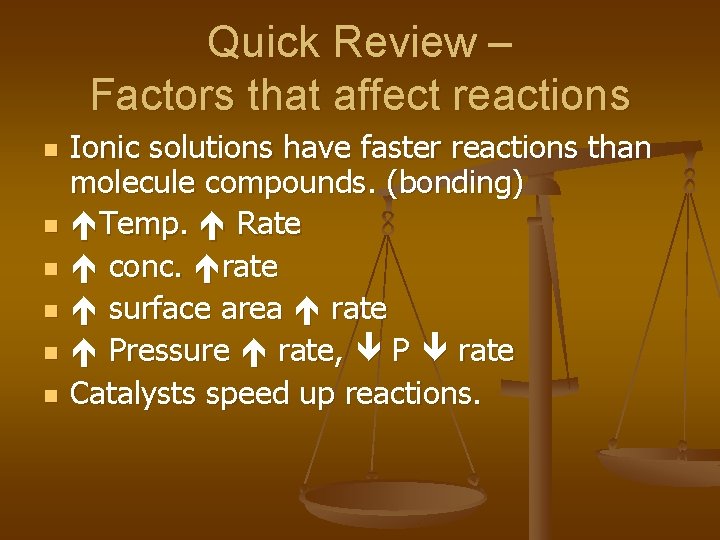 Quick Review – Factors that affect reactions n n n Ionic solutions have faster