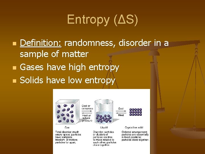 Entropy (ΔS) n n n Definition: randomness, disorder in a sample of matter Gases