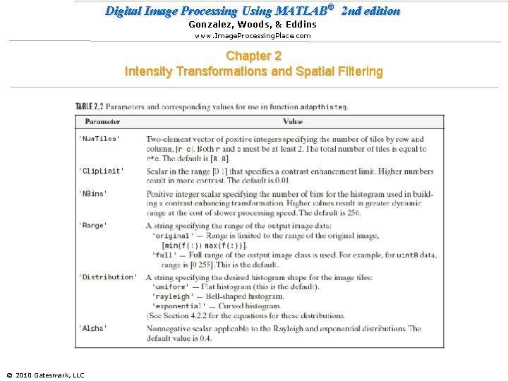 Digital Image Processing Using MATLAB® 2 nd edition Gonzalez, Woods, & Eddins www. Image.