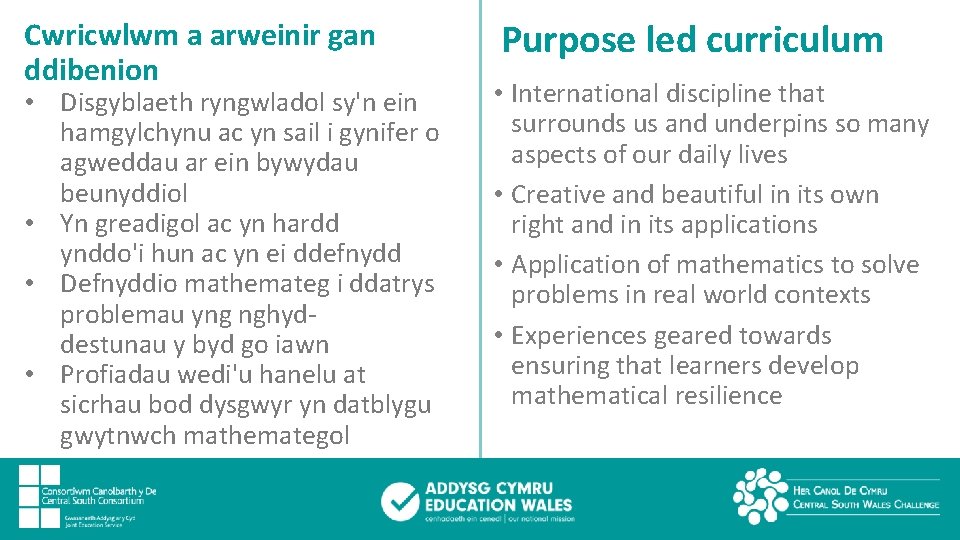 Cwricwlwm a arweinir gan ddibenion • Disgyblaeth ryngwladol sy'n ein hamgylchynu ac yn sail