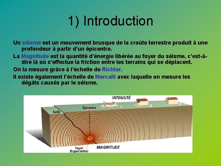 1) Introduction Un séisme est un mouvement brusque de la croûte terrestre produit à