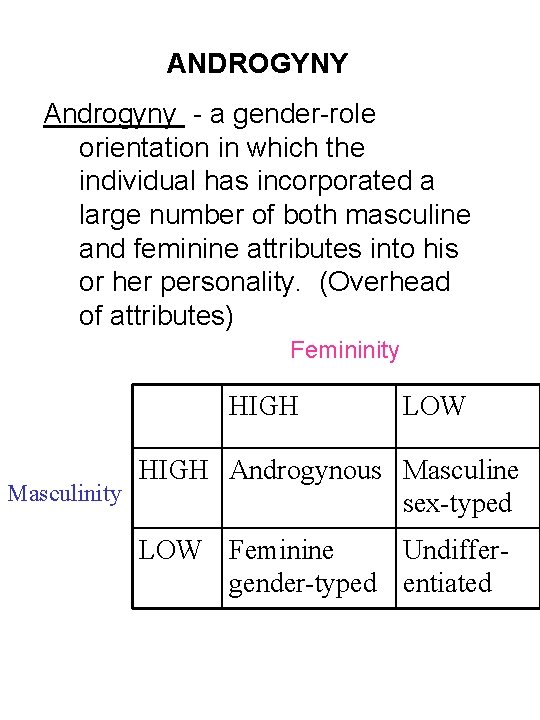 ANDROGYNY Androgyny - a gender-role orientation in which the individual has incorporated a large