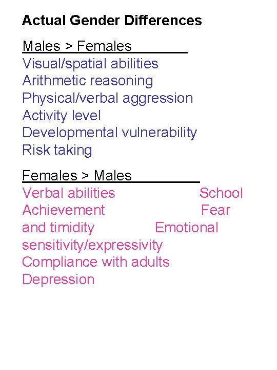 Actual Gender Differences Males > Females Visual/spatial abilities Arithmetic reasoning Physical/verbal aggression Activity level