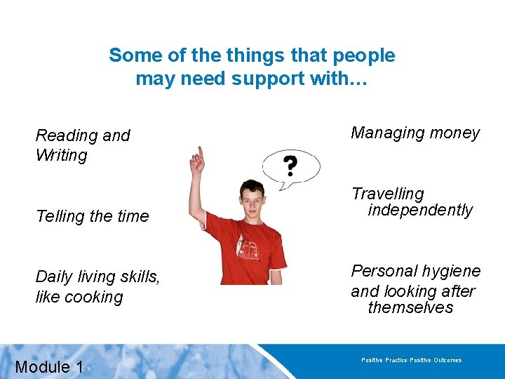 Some of the things that people may need support with… Reading and Writing Telling