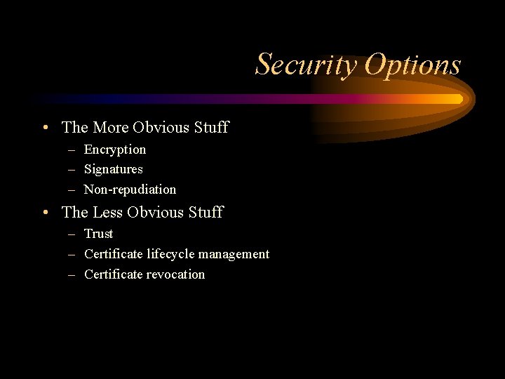Security Options • The More Obvious Stuff – Encryption – Signatures – Non-repudiation •