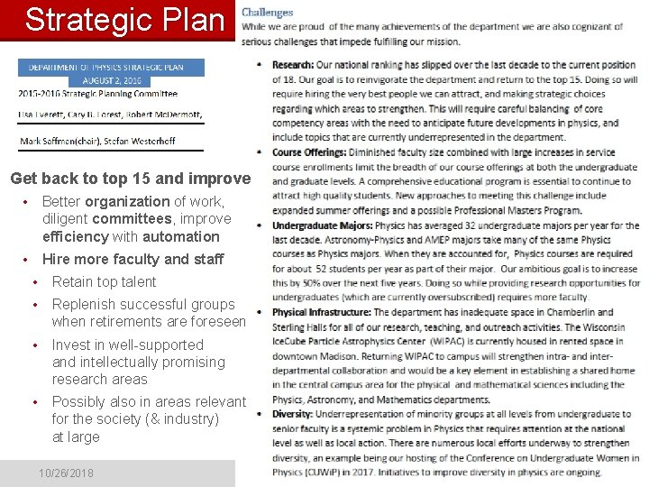 Strategic Plan Get back to top 15 and improve • Better organization of work,