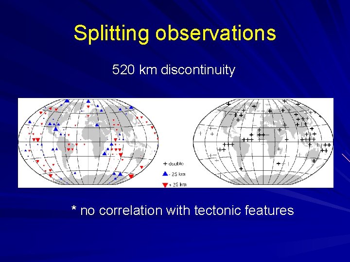 Splitting observations 520 km discontinuity * no correlation with tectonic features 