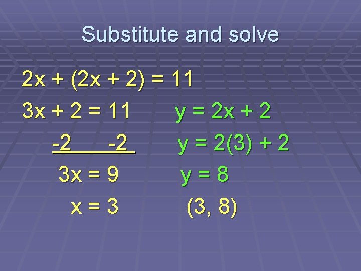 Substitute and solve 2 x + (2 x + 2) = 11 3 x