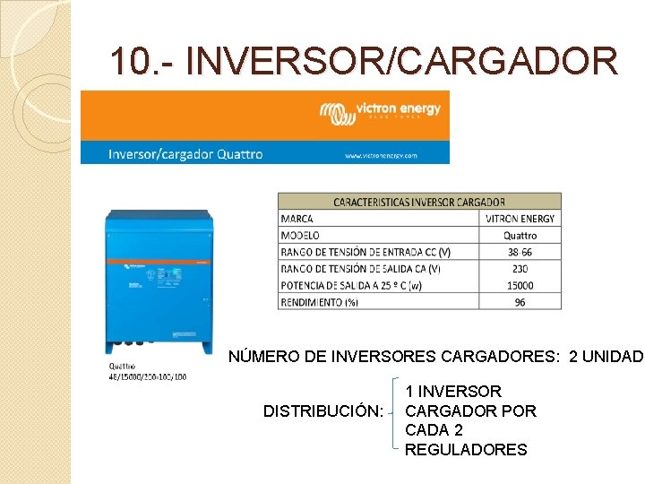 10. - INVERSOR/CARGADOR NÚMERO DE INVERSORES CARGADORES: 2 UNIDADE DISTRIBUCIÓN: 1 INVERSOR CARGADOR POR