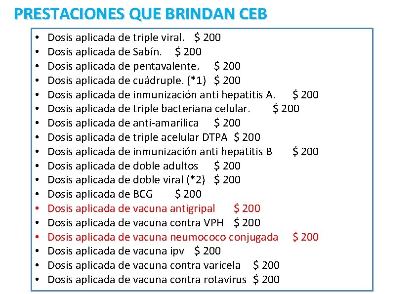 PRESTACIONES QUE BRINDAN CEB • • • • • Dosis aplicada de triple viral.