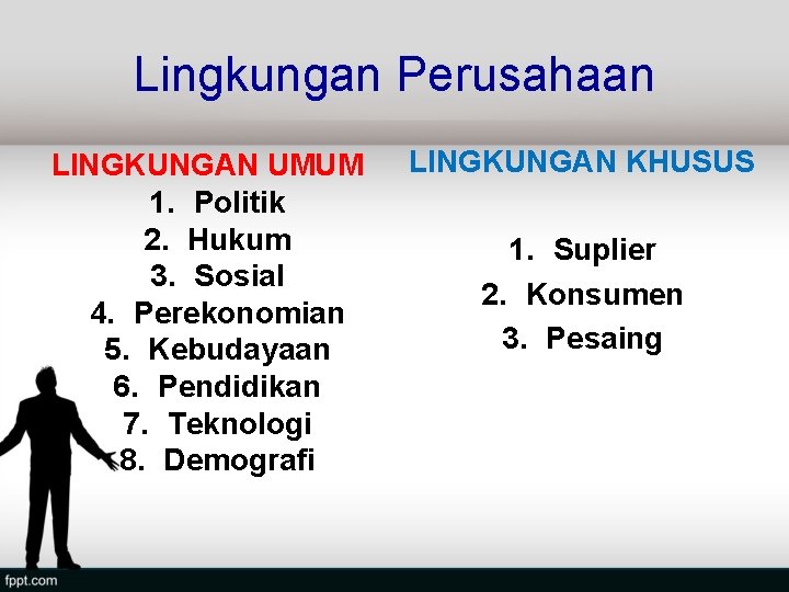 Lingkungan Perusahaan LINGKUNGAN UMUM 1. Politik 2. Hukum 3. Sosial 4. Perekonomian 5. Kebudayaan