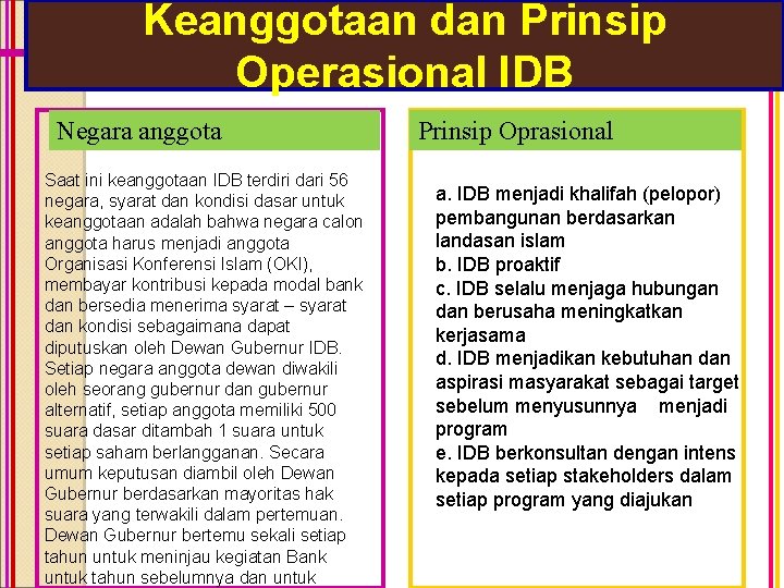 Keanggotaan dan Prinsip Operasional IDB Negara anggota Saat ini keanggotaan IDB terdiri dari 56