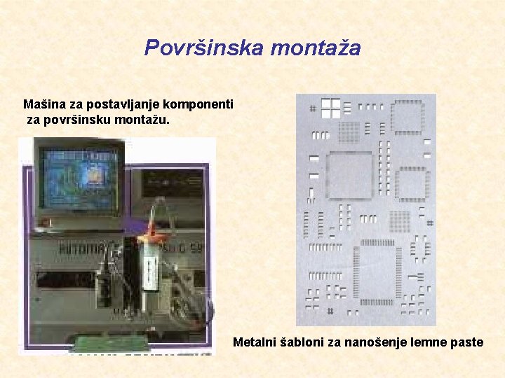 Površinska montaža Mašina za postavljanje komponenti za površinsku montažu. Metalni šabloni za nanošenje lemne