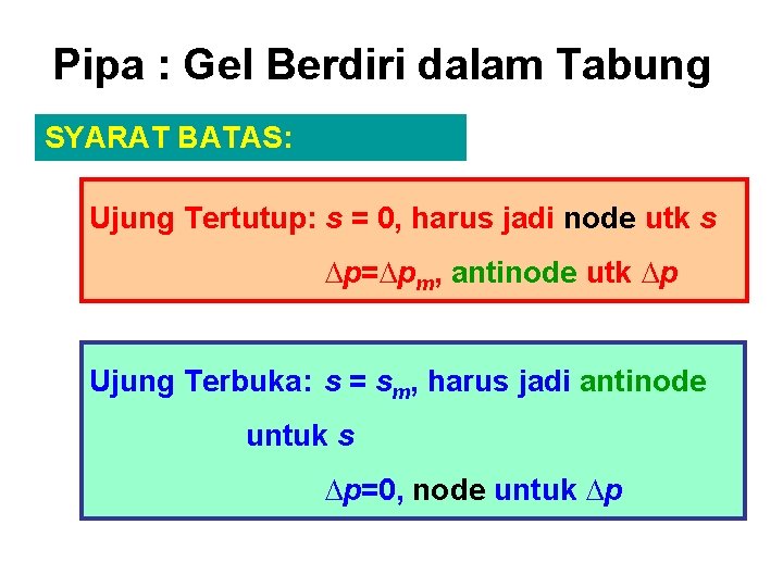 Pipa : Gel Berdiri dalam Tabung SYARAT BATAS: Ujung Tertutup: s = 0, harus