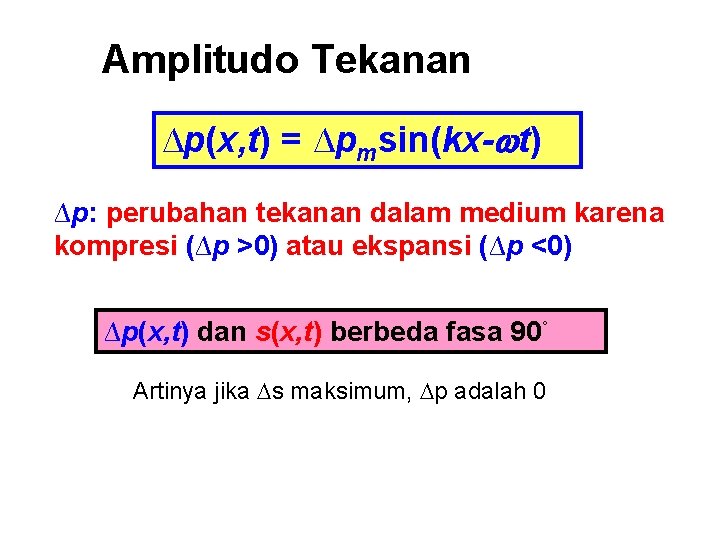 Amplitudo Tekanan ∆p(x, t) = ∆pmsin(kx- t) ∆p: perubahan tekanan dalam medium karena kompresi