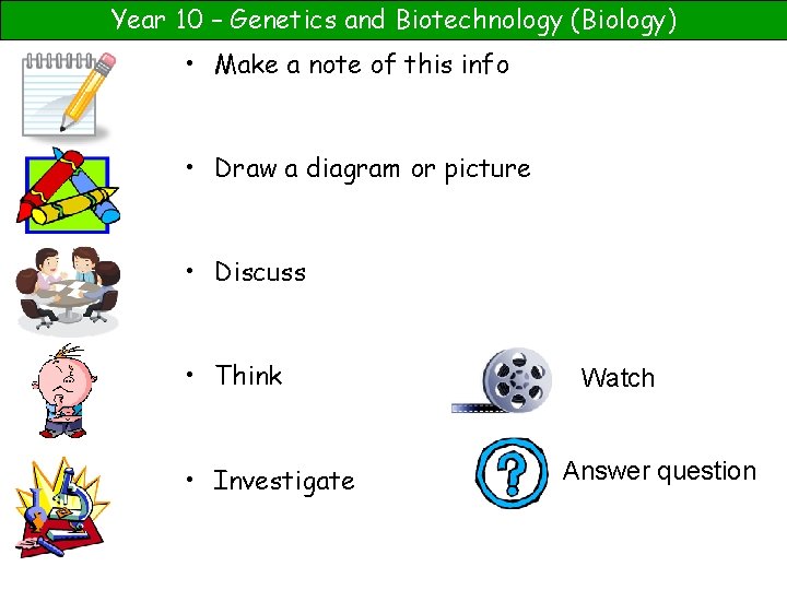 Year 10 – Genetics and Biotechnology (Biology) • Make a note of this info