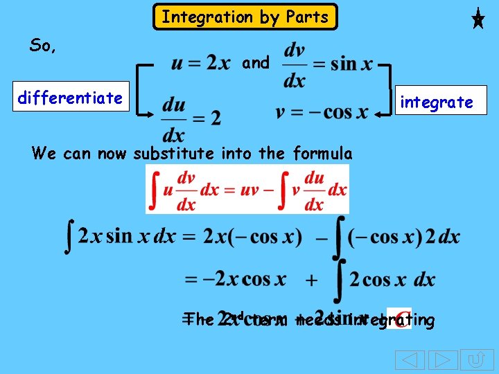 Integration by Parts So, and differentiate integrate We can now substitute into the formula Integration by Parts So, and differentiate integrate We can now substitute into the formula
