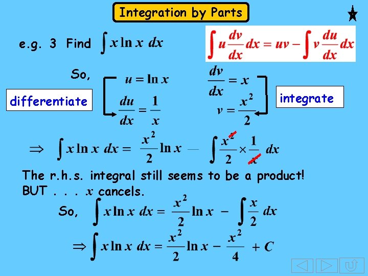 Integration by Parts e. g. 3 Find So, differentiate integrate The r. h. s. Integration by Parts e. g. 3 Find So, differentiate integrate The r. h. s.