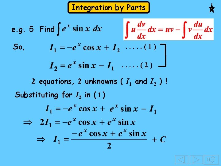 Integration by Parts e. g. 5 Find So, . . . (1). . . Integration by Parts e. g. 5 Find So, . . . (1). . .