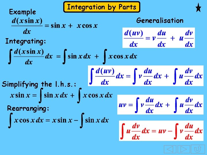 Example Integration by Parts Integrating: Simplifying the l. h. s. : Rearranging: Generalisation Example Integration by Parts Integrating: Simplifying the l. h. s. : Rearranging: Generalisation