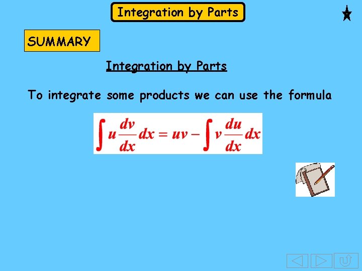 Integration by Parts SUMMARY Integration by Parts To integrate some products we can use Integration by Parts SUMMARY Integration by Parts To integrate some products we can use