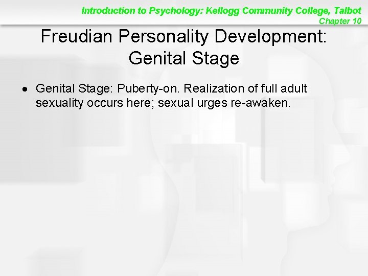 Introduction to Psychology: Kellogg Community College, Talbot Chapter 10 Freudian Personality Development: Genital Stage: