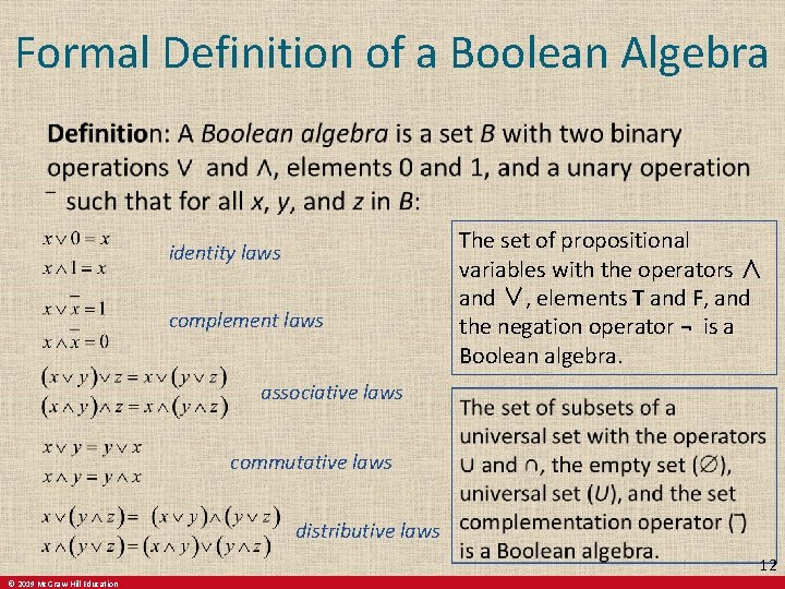 Formal Definition of a Boolean Algebra identity laws complement laws The set of propositional