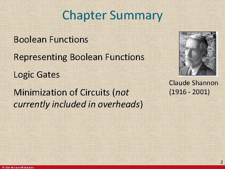 Chapter Summary Boolean Functions Representing Boolean Functions Logic Gates Minimization of Circuits (not currently