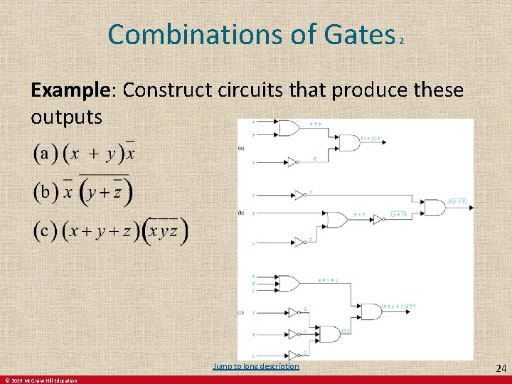 Combinations of Gates 2 Example: Construct circuits that produce these outputs Jump to long