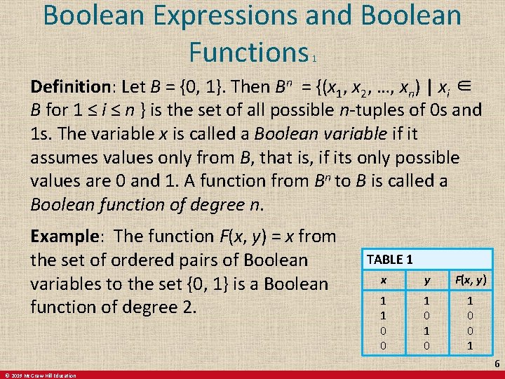 Boolean Expressions and Boolean Functions 1 Definition: Let B = {0, 1}. Then Bn