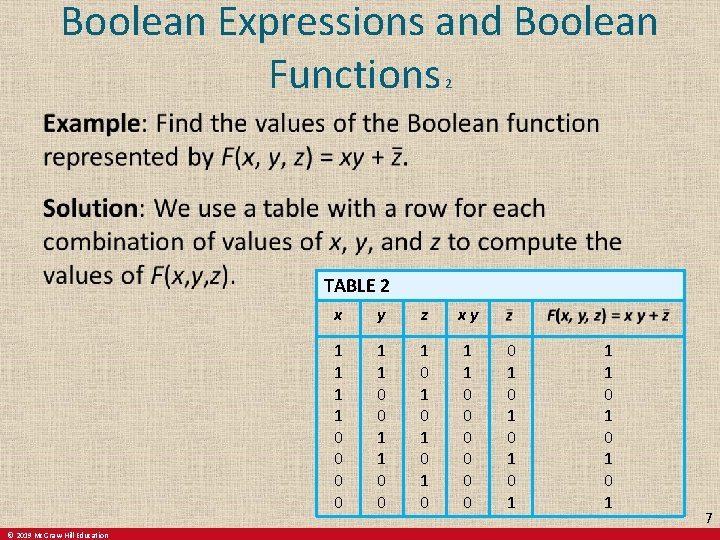 Boolean Expressions and Boolean Functions 2 TABLE 2 © 2019 Mc. Graw-Hill Education x