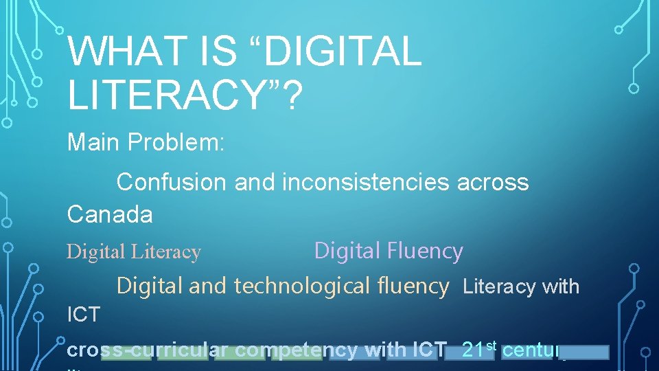 WHAT IS “DIGITAL LITERACY”? Main Problem: Confusion and inconsistencies across Canada Digital Literacy Digital