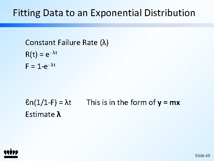 Fitting Data to an Exponential Distribution Constant Failure Rate (λ) R(t) = e- λt