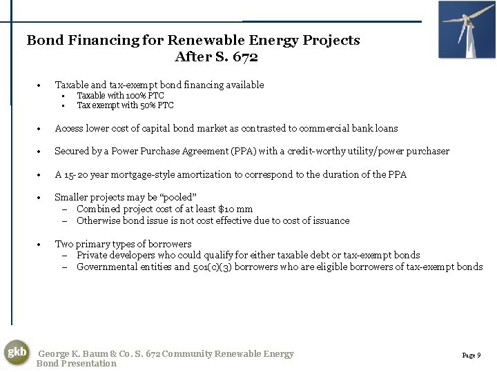 Bond Financing for Renewable Energy Projects After S. 672 • Taxable and tax-exempt bond