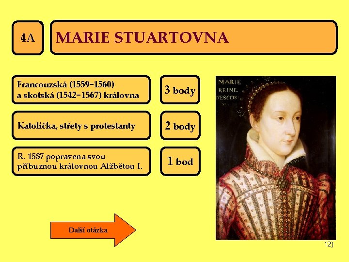 4 A MARIE STUARTOVNA Francouzská (1559− 1560) a skotská (1542− 1567) královna 3 body